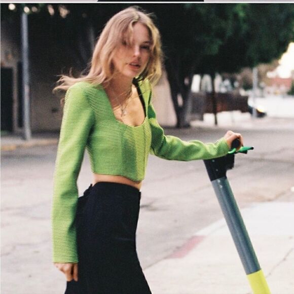 NWT Zara ❤️Bloggers Favorite Green Houndstooth Crop Top Size XS tweed te… - Picture 3 of 16